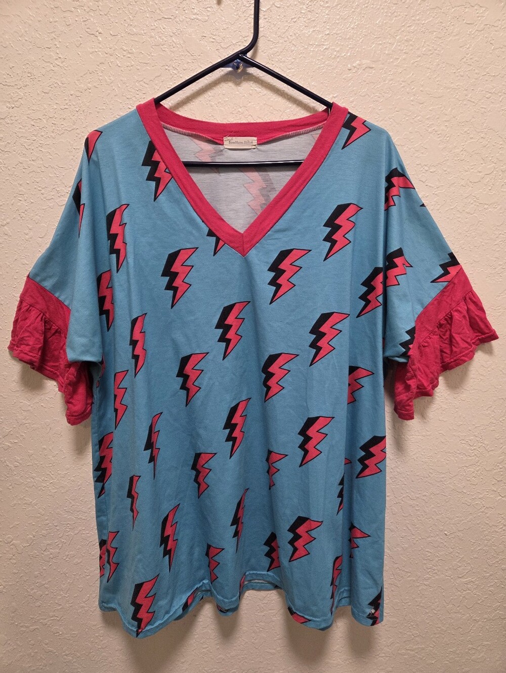 Southern Stitch Plus Size Blue & Pink Lightning Bolt V-Neck Top - Picture 2 of 4